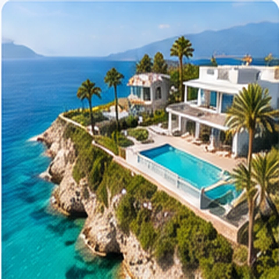Vista aérea de una villa con piscina junto al mar, ejemplo de fotografía con dron.