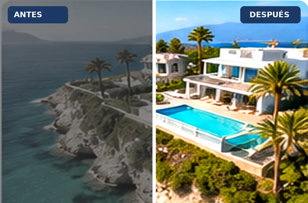 Comparativa antes y después de la edición de una fotografía inmobiliaria.